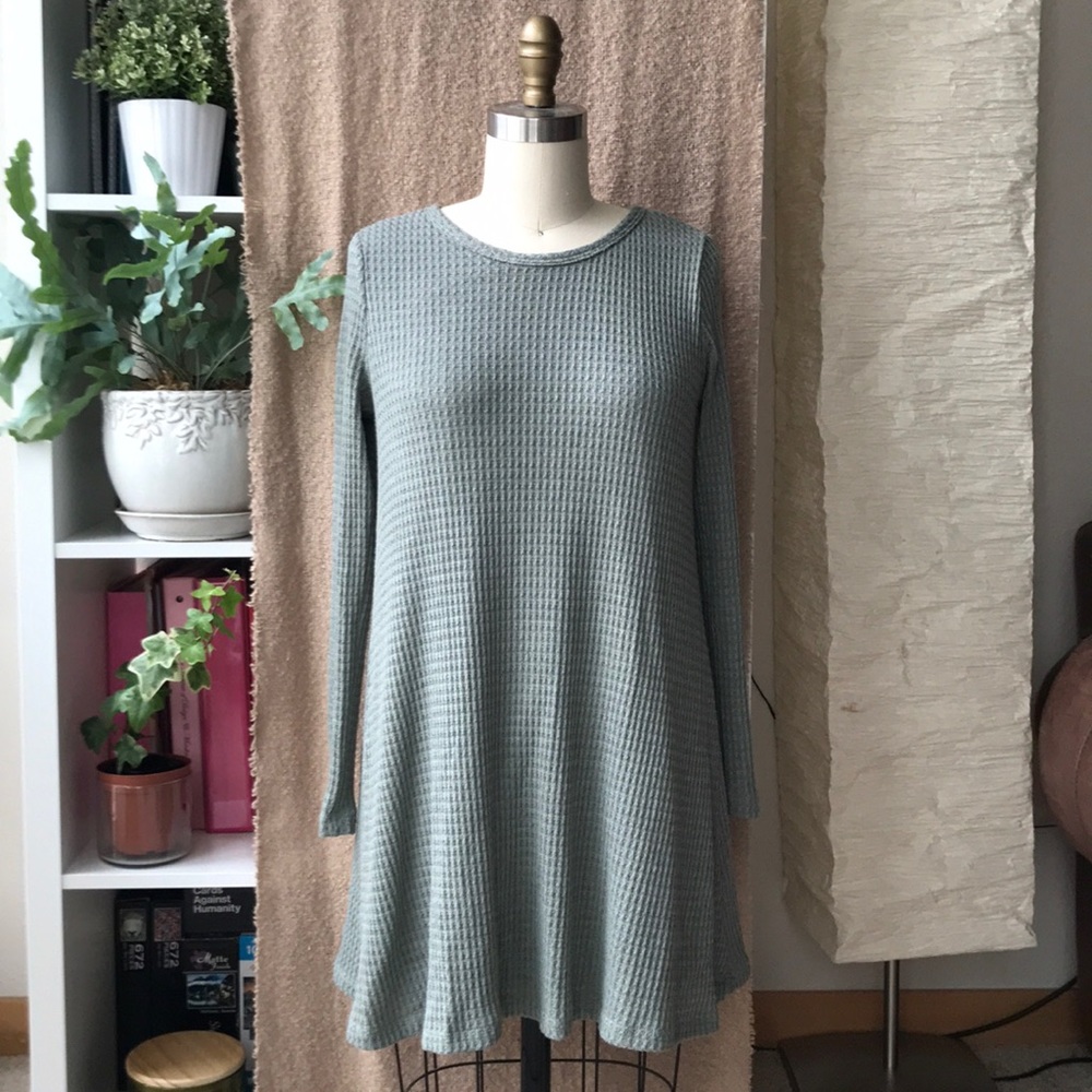 Final Touch Long Sleeve Sweater Waffle Knit Dress In Light Sage Green